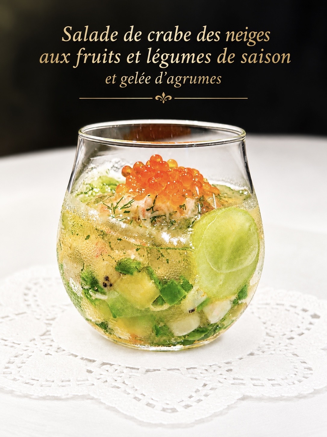 Snow crab with seasonal fruits and vegetables in a citrus-scented jelly
